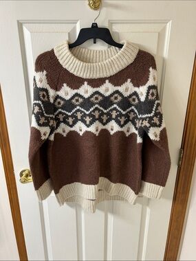 aerie Brown & Cream Fair Isle Crewneck Sweater